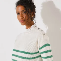Trui En Vest<Blancheporte Gestreepte trui, hals in broderie anglaise ecru / groen