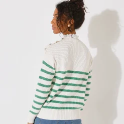 Trui En Vest<Blancheporte Gestreepte trui, hals in broderie anglaise ecru / groen