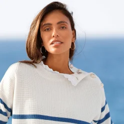 Trui En Vest<Blancheporte Gestreepte trui, hals in broderie anglaise ecru / blauw