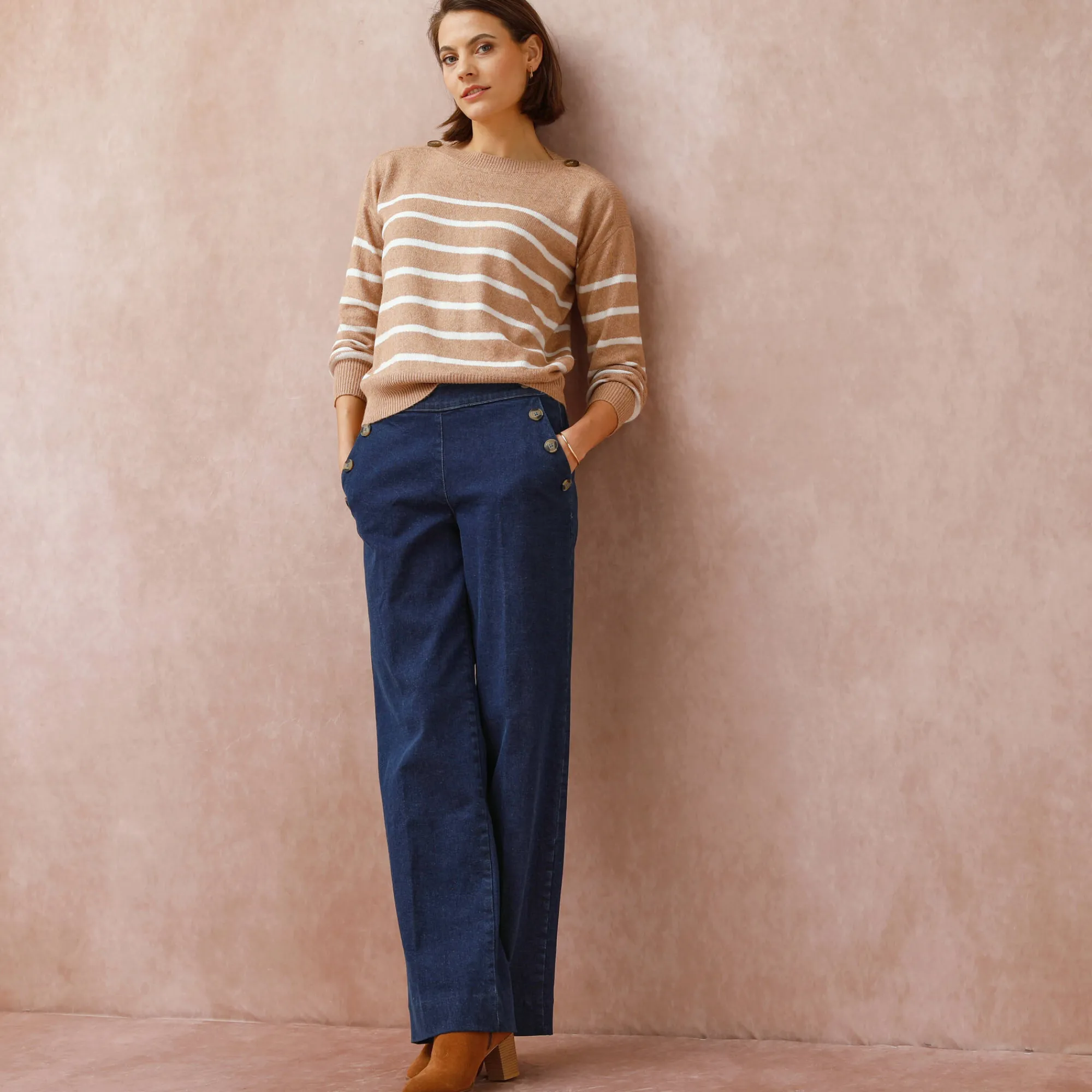 Trui En Vest<Blancheporte Gestreepte trui met boothals, knopen aan de schouders chiné beige / ecru
