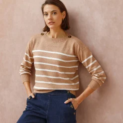 Trui En Vest<Blancheporte Gestreepte trui met boothals, knopen aan de schouders chiné beige / ecru