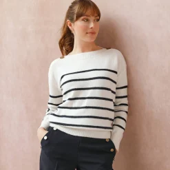 Trui En Vest<Blancheporte Gestreepte trui met boothals, knopen aan de schouders ecru / marine