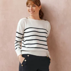 Trui En Vest<Blancheporte Gestreepte trui met boothals, knopen aan de schouders ecru / marine