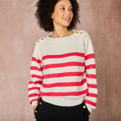 Trui En Vest<Blancheporte Gestreepte trui met goudkleurige knopen, patenttricot ecru / roze
