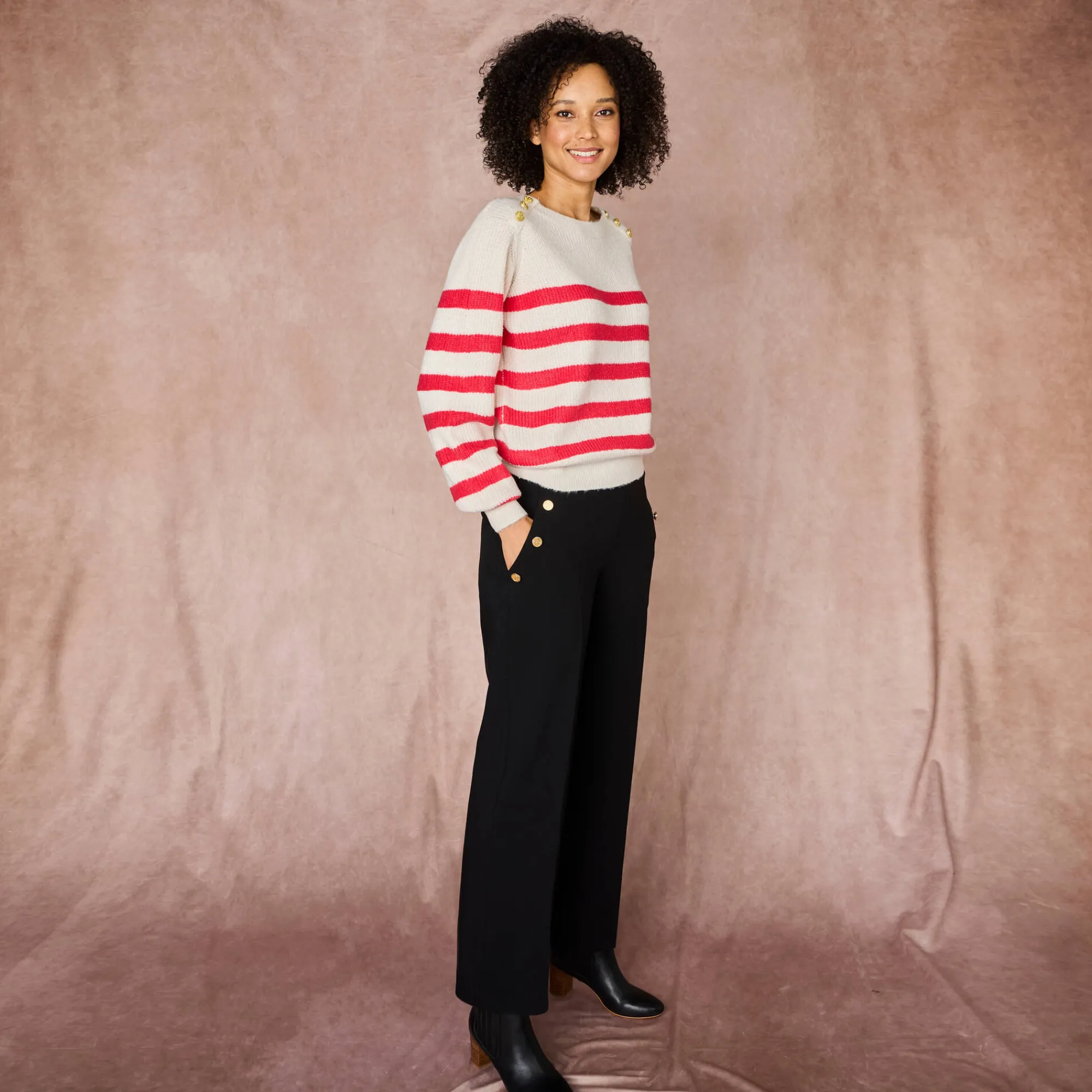 Trui En Vest<Blancheporte Gestreepte trui met goudkleurige knopen, patenttricot ecru / roze