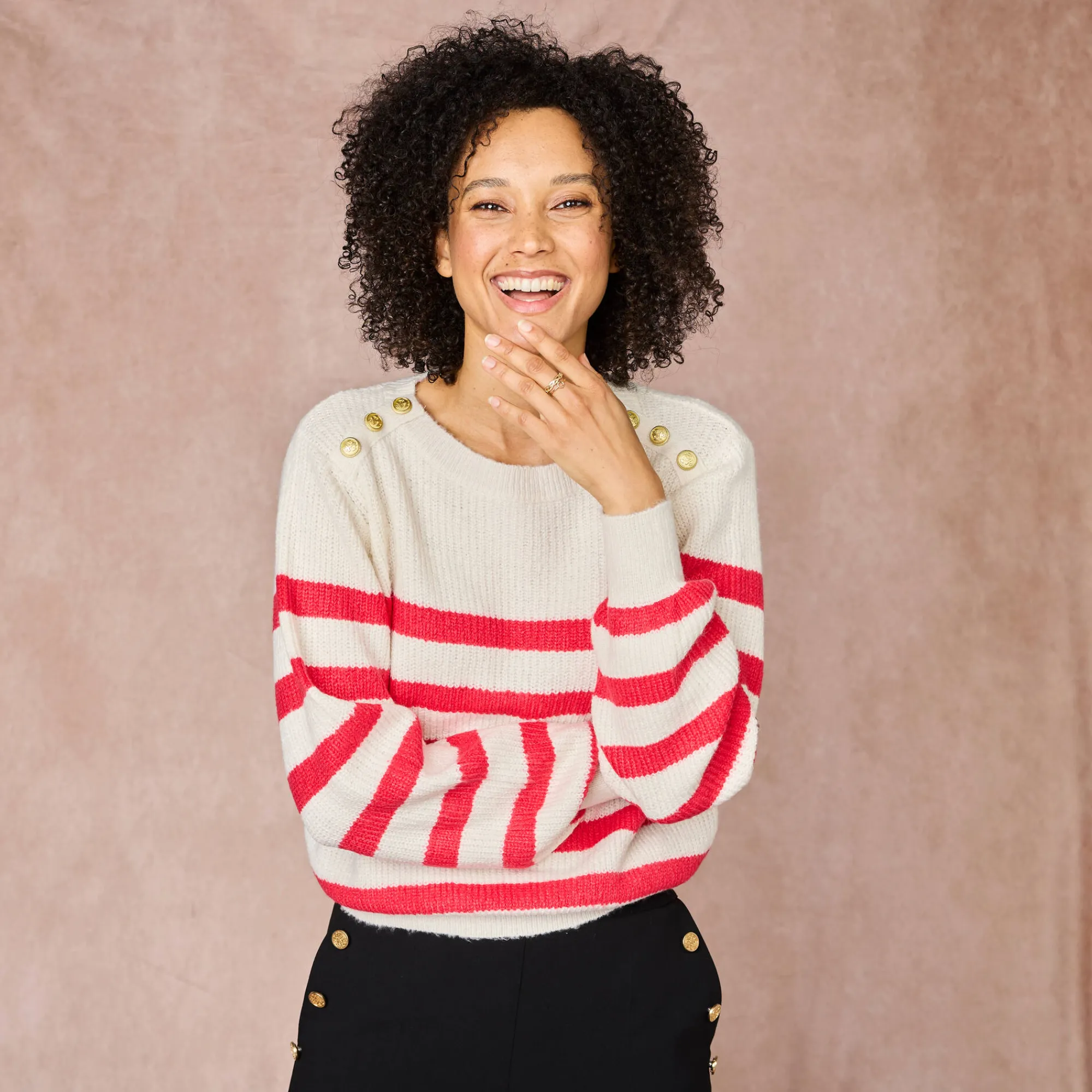Trui En Vest<Blancheporte Gestreepte trui met goudkleurige knopen, patenttricot ecru / roze