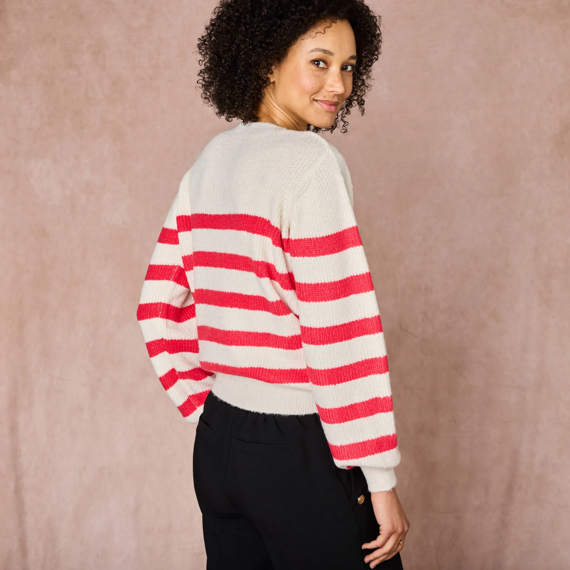 Trui En Vest<Blancheporte Gestreepte trui met goudkleurige knopen, patenttricot ecru / roze