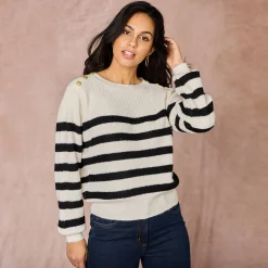 Trui En Vest<Blancheporte Gestreepte trui met goudkleurige knopen, patenttricot ecru / zwart