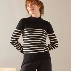 Trui En Vest<Blancheporte Gestreepte trui met opstaande hals, ribtricot zwart / ecru