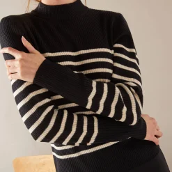 Trui En Vest<Blancheporte Gestreepte trui met opstaande hals, ribtricot zwart / ecru