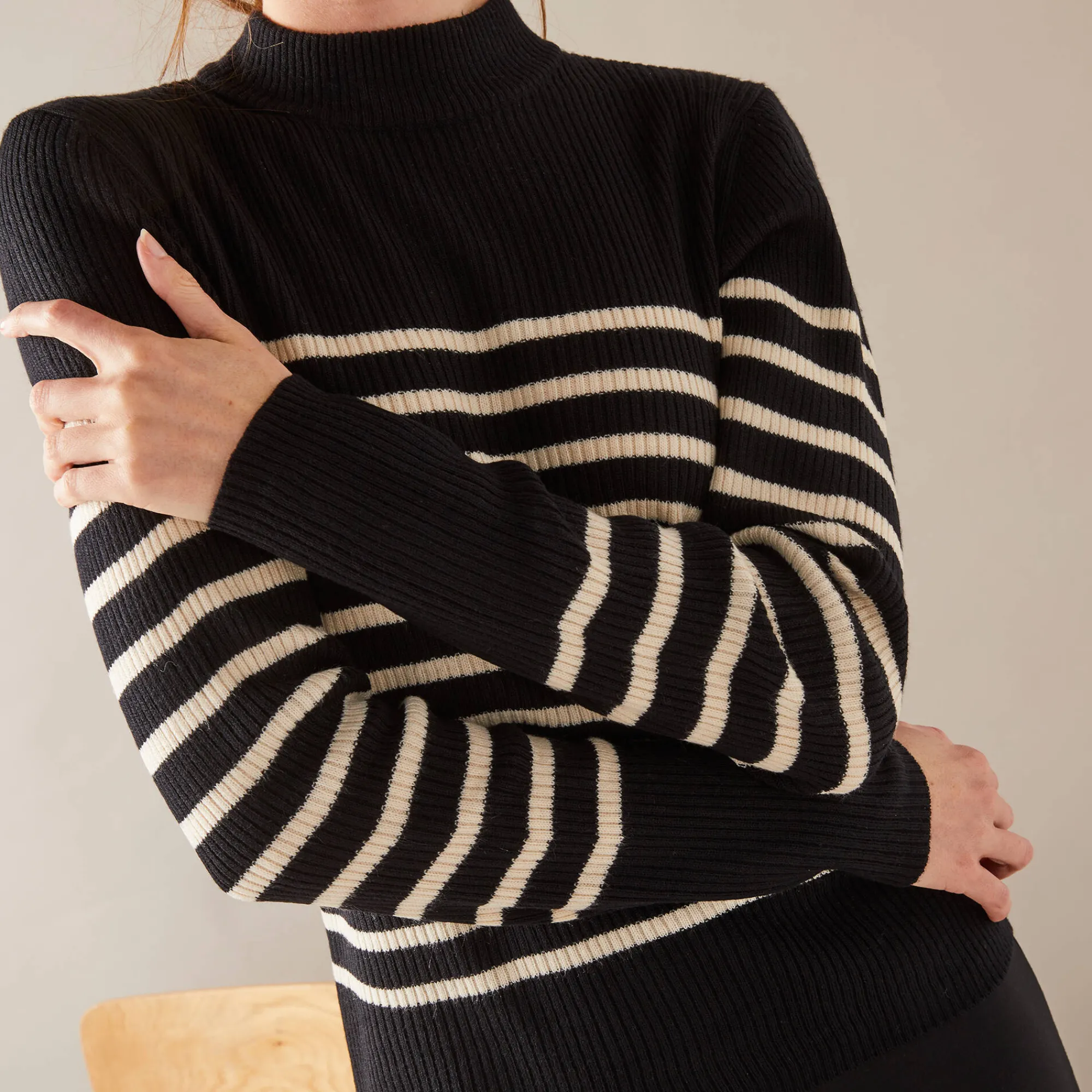 Trui En Vest<Blancheporte Gestreepte trui met opstaande hals, ribtricot zwart / ecru