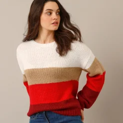 Trui En Vest<Blancheporte Gestreepte trui met ronde hals, mohairtouch ecru / rood