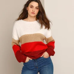 Trui En Vest<Blancheporte Gestreepte trui met ronde hals, mohairtouch ecru / rood