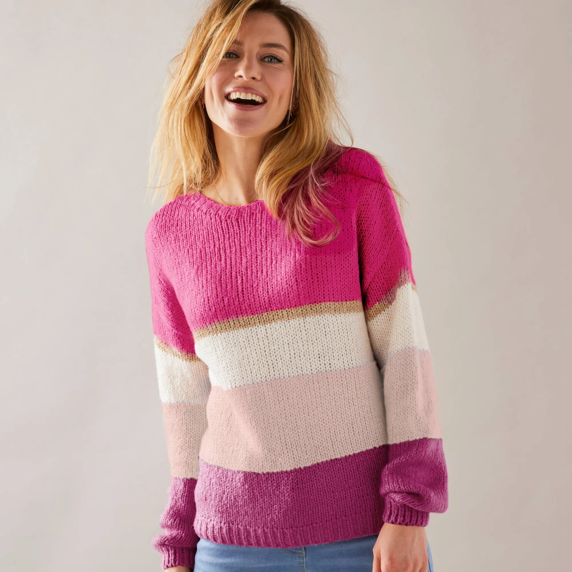 Trui En Vest<Blancheporte Gestreepte trui met ronde hals, mohairtouch roze / ecru