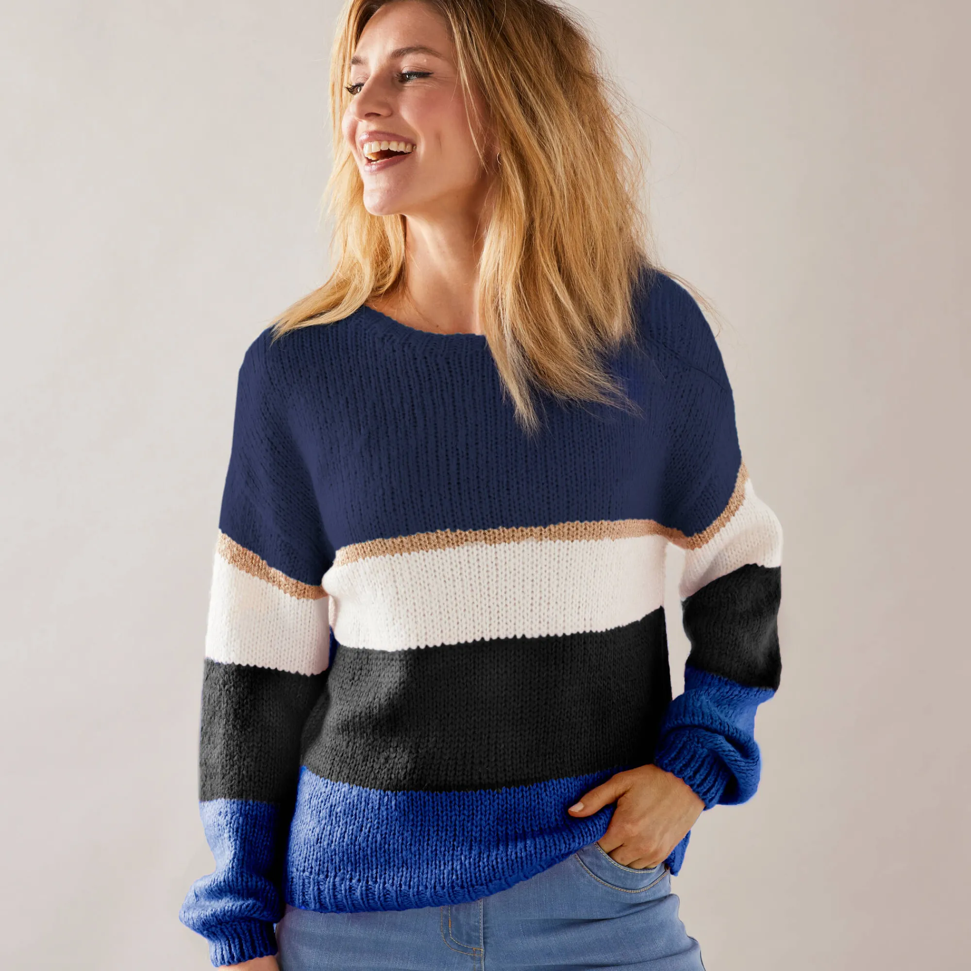 Trui En Vest<Blancheporte Gestreepte trui met ronde hals, mohairtouch marine / ecru