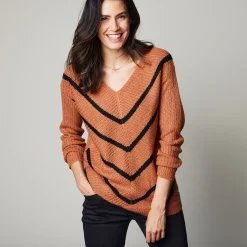 Trui En Vest<Blancheporte Gestreepte trui met V-hals - mohairtouch karamel / zwart