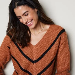 Trui En Vest<Blancheporte Gestreepte trui met V-hals - mohairtouch karamel / zwart