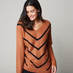 Trui En Vest<Blancheporte Gestreepte trui met V-hals - mohairtouch karamel / zwart