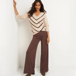 Trui En Vest<Blancheporte Gestreepte trui met V-hals - mohairtouch beige / chocolade