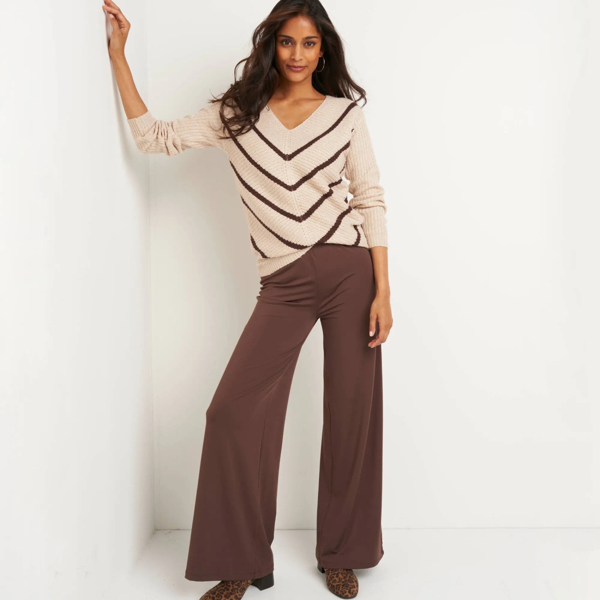 Trui En Vest<Blancheporte Gestreepte trui met V-hals - mohairtouch beige / chocolade