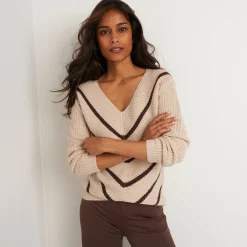 Trui En Vest<Blancheporte Gestreepte trui met V-hals - mohairtouch beige / chocolade