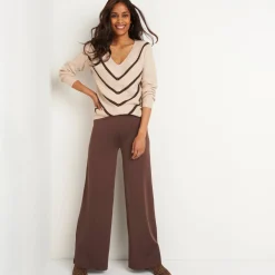 Trui En Vest<Blancheporte Gestreepte trui met V-hals - mohairtouch beige / chocolade