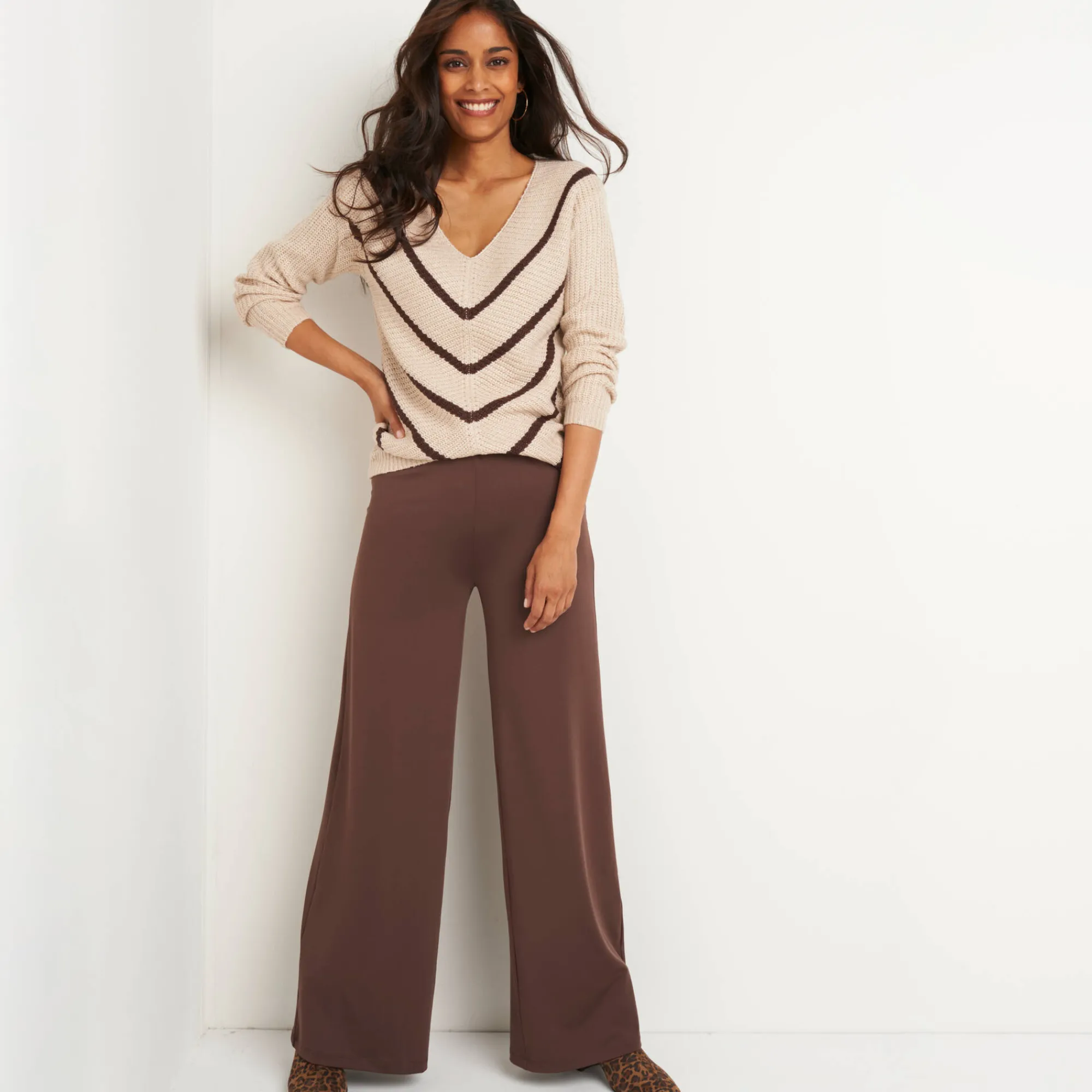 Trui En Vest<Blancheporte Gestreepte trui met V-hals - mohairtouch beige / chocolade