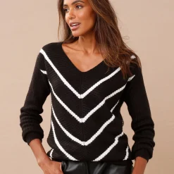Trui En Vest<Blancheporte Gestreepte trui met V-hals - mohairtouch zwart / wit