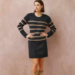 Jurk<Blancheporte Gestreepte trui-jurk met lange mouwen, knopen aan de schouders marine / taupe