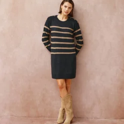 Jurk<Blancheporte Gestreepte trui-jurk met lange mouwen, knopen aan de schouders marine / taupe