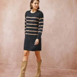 Jurk<Blancheporte Gestreepte trui-jurk met lange mouwen, knopen aan de schouders marine / taupe