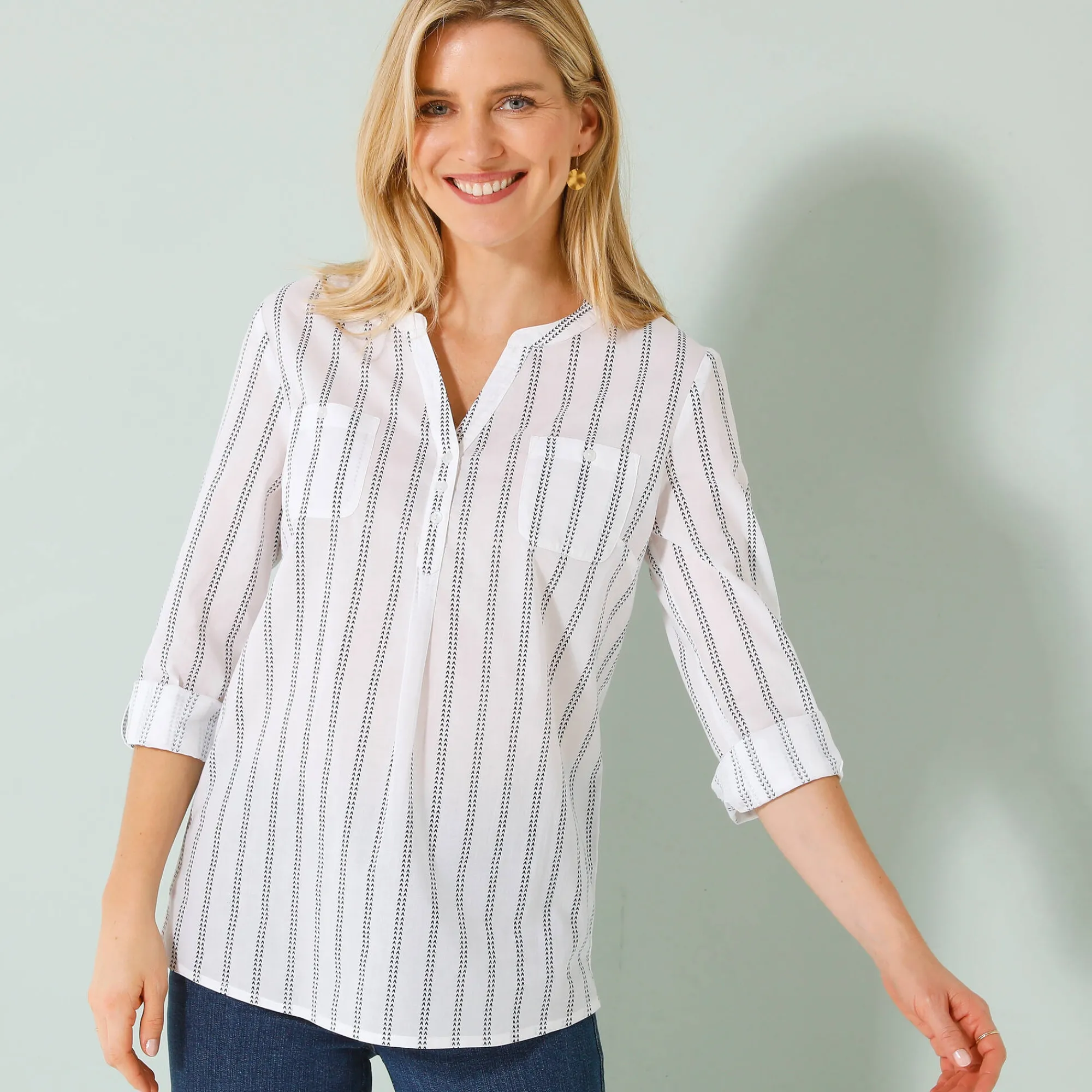 Bloes En Tuniek<Blancheporte Gestreepte tuniek met oprolbare mouwen wit / marine