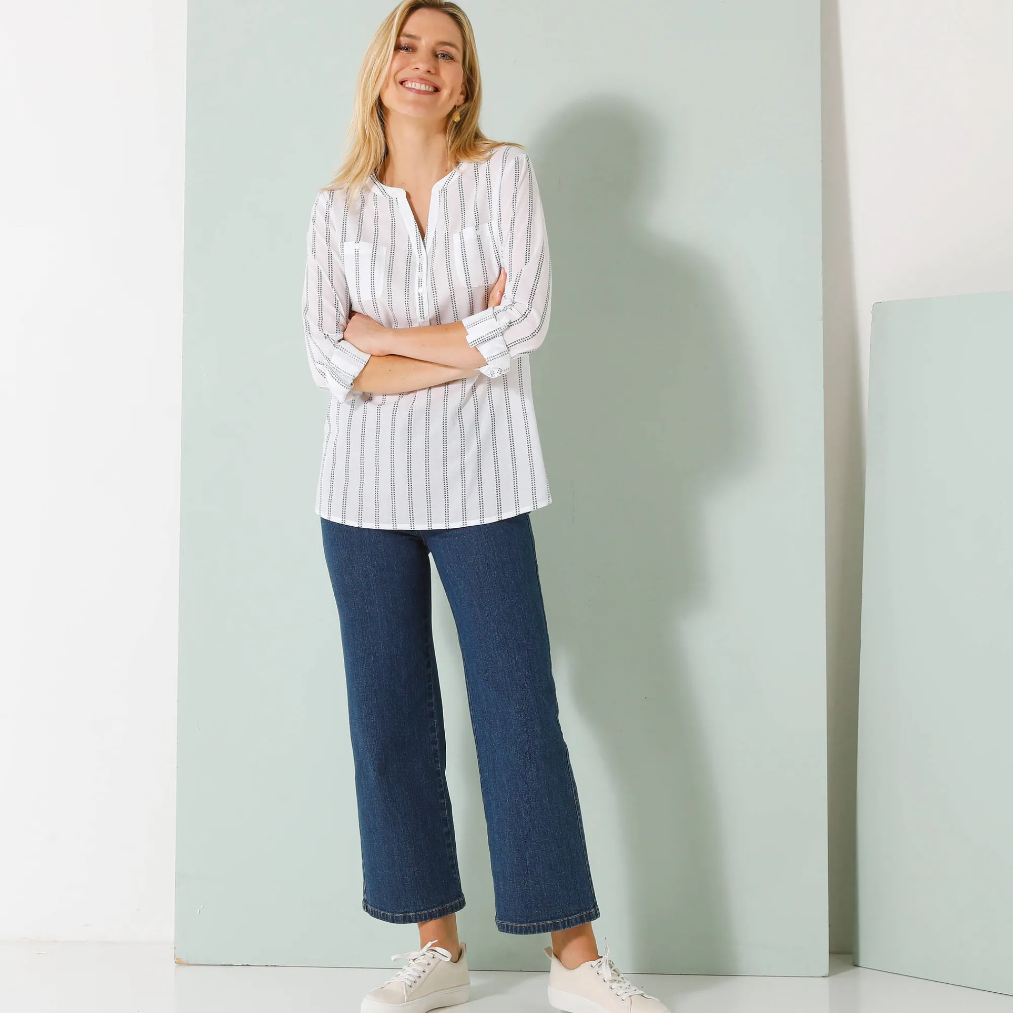 Bloes En Tuniek<Blancheporte Gestreepte tuniek met oprolbare mouwen wit / marine