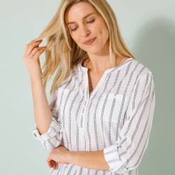 Bloes En Tuniek<Blancheporte Gestreepte tuniek met oprolbare mouwen wit / marine