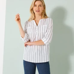 Bloes En Tuniek<Blancheporte Gestreepte tuniek met oprolbare mouwen wit / marine