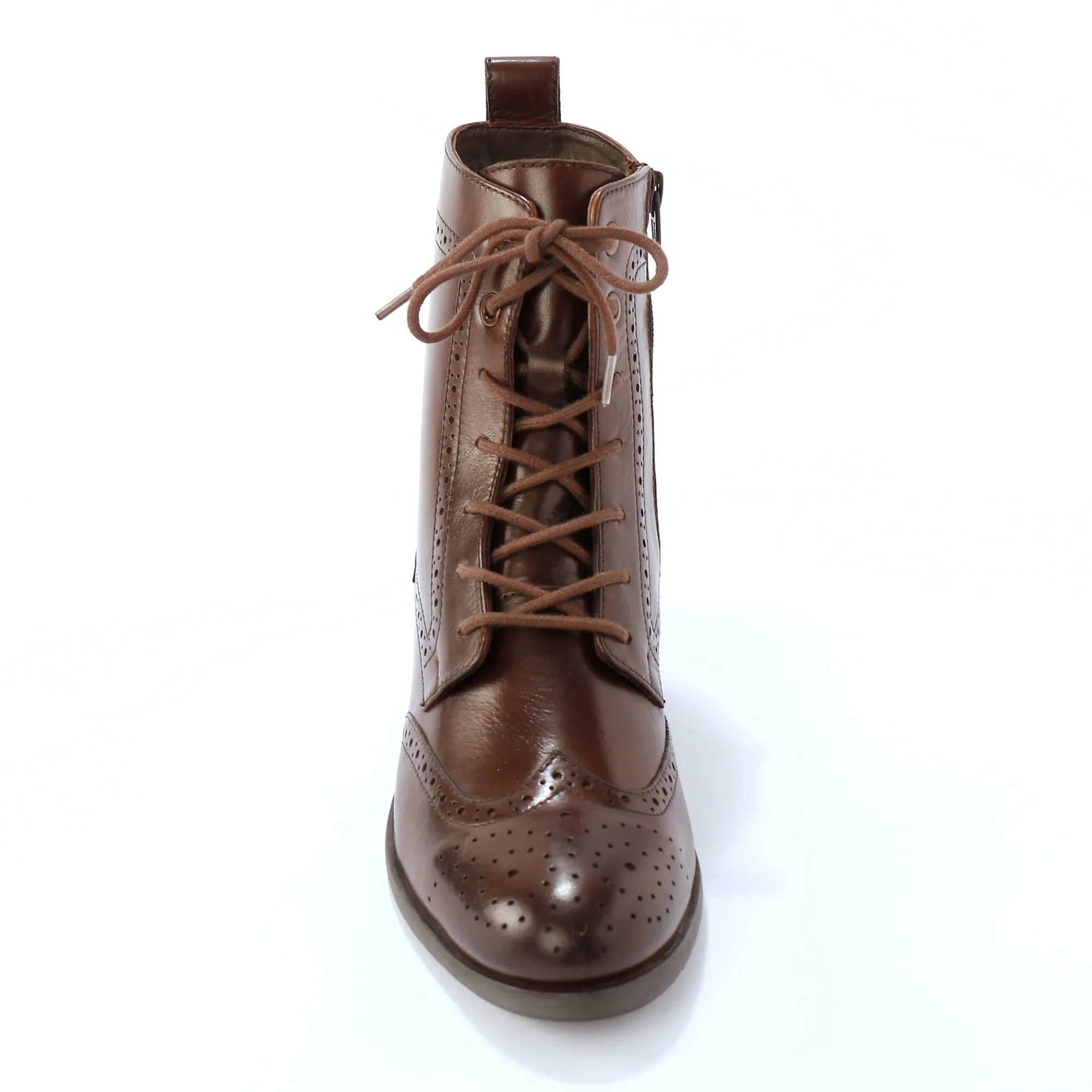 Bottines En Boots|Schoenen<Blancheporte Gevoerde bottines met hoge schacht en vetersluiting, leer met gaatjesmotief chocolade