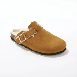 Sloffen|Sloffen<Blancheporte Gevoerde pantoffels in klompmodel, suèdeleer karamel