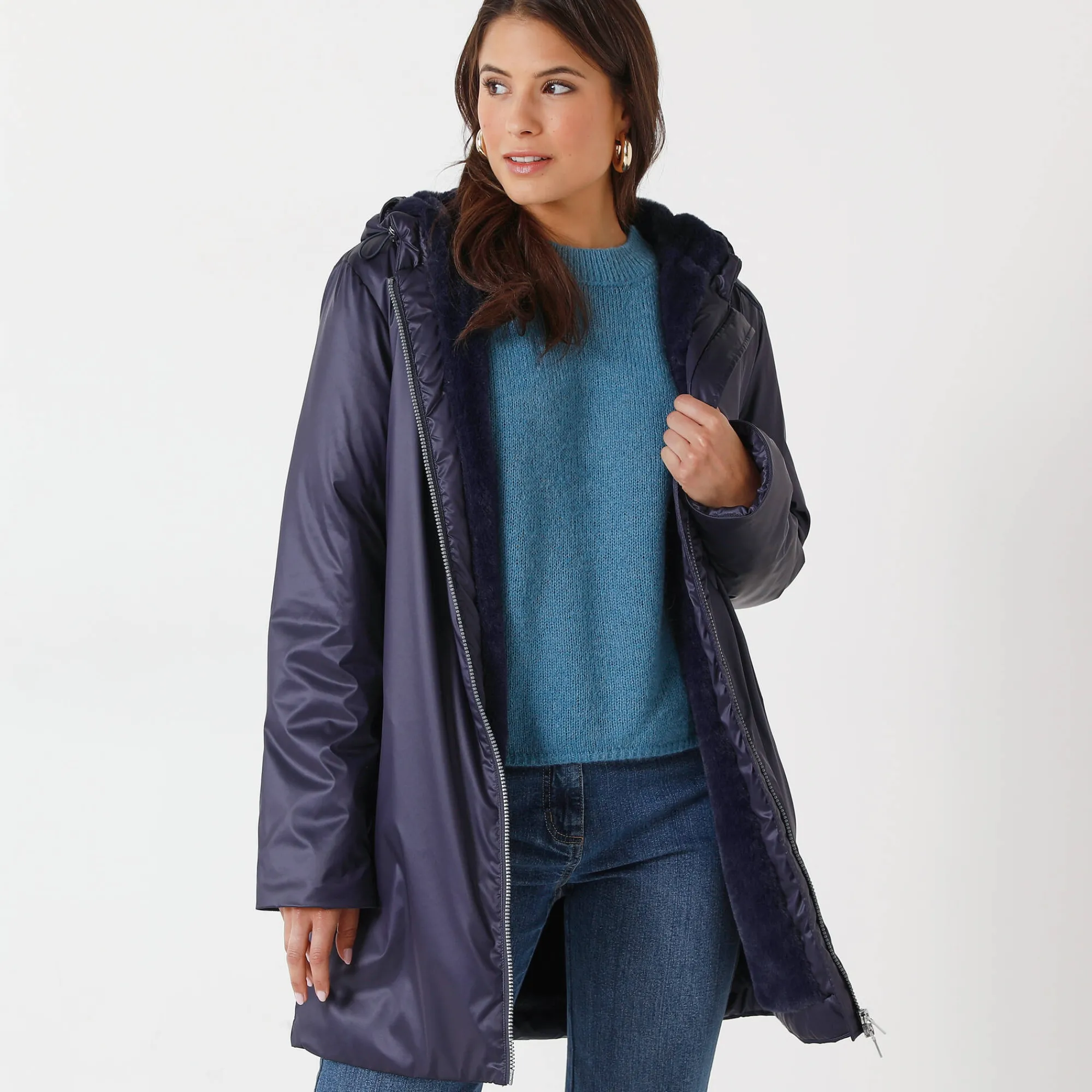 Parka En Donsjas<Blancheporte Gevoerde, waterdichte parka, halflang marine