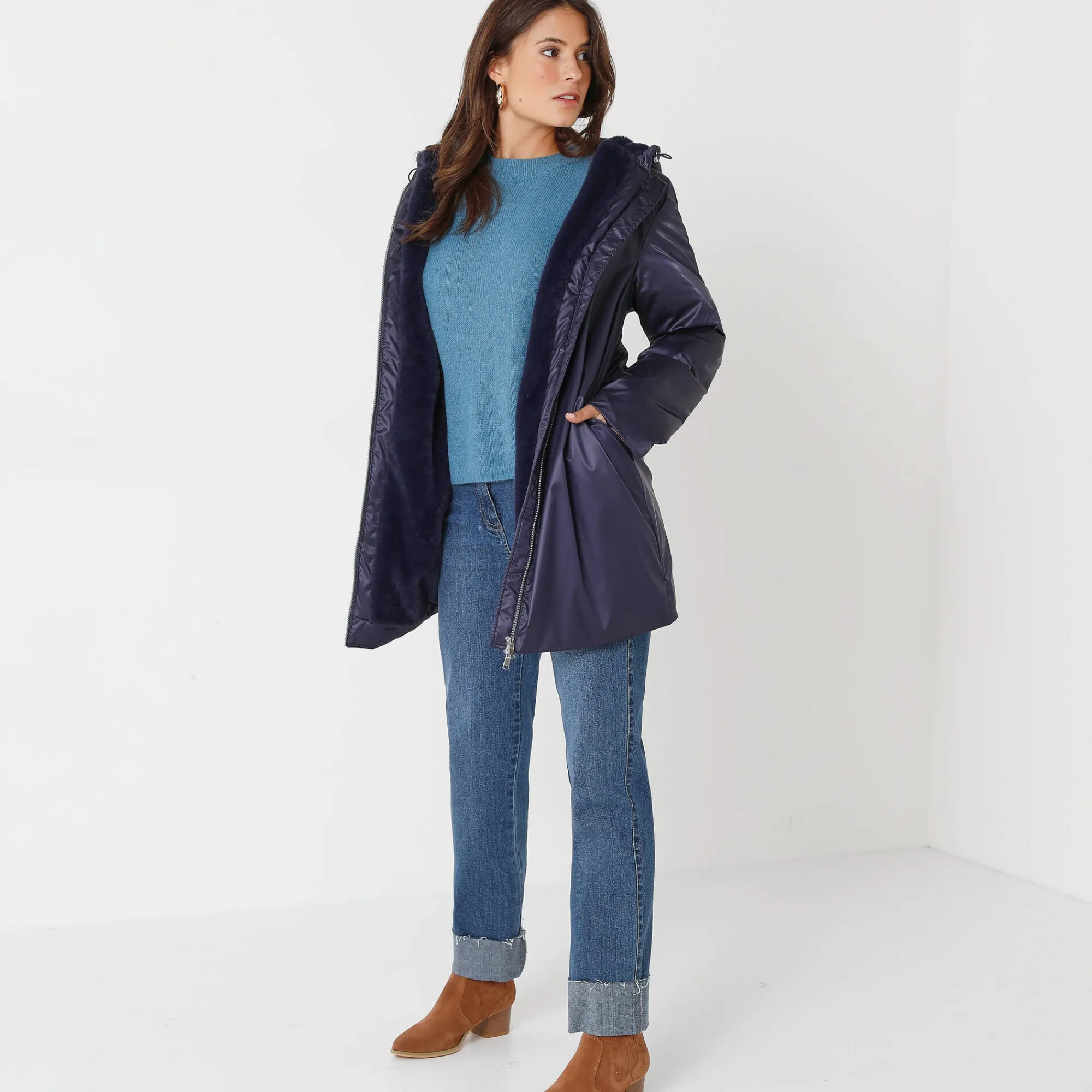 Parka En Donsjas<Blancheporte Gevoerde, waterdichte parka, halflang marine