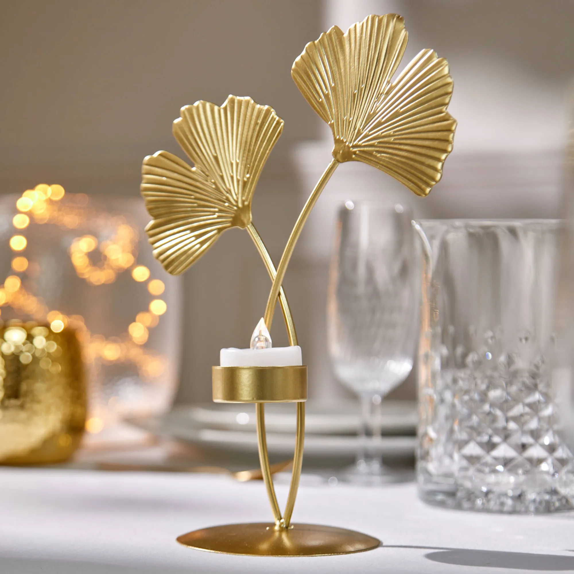 Feesttafel|Lichtgevende Decoratie<Blancheporte Gingkoblad theelichthouder, metaal goudkleurig