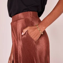 Feestoutfits Dames|Broek<Blancheporte Glanzende broek, plissétricot kastanje
