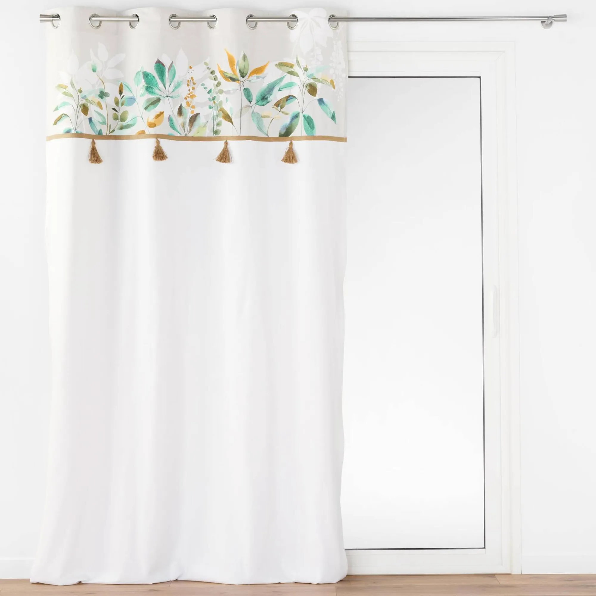 Gordijn, Glasgordijn & Store<Blancheporte Gordijn met pompons en bloemen wit / groen / goudkleurig