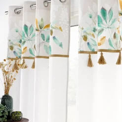 Gordijn, Glasgordijn & Store<Blancheporte Gordijn met pompons en bloemen wit / groen / goudkleurig