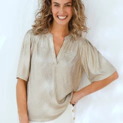 T-Shirt En Topje<Blancheporte T-shirt met mouwen op ellebooglengte, fantasietricot met plissé goudkleurig