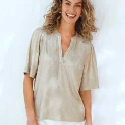 T-Shirt En Topje<Blancheporte T-shirt met mouwen op ellebooglengte, fantasietricot met plissé goudkleurig
