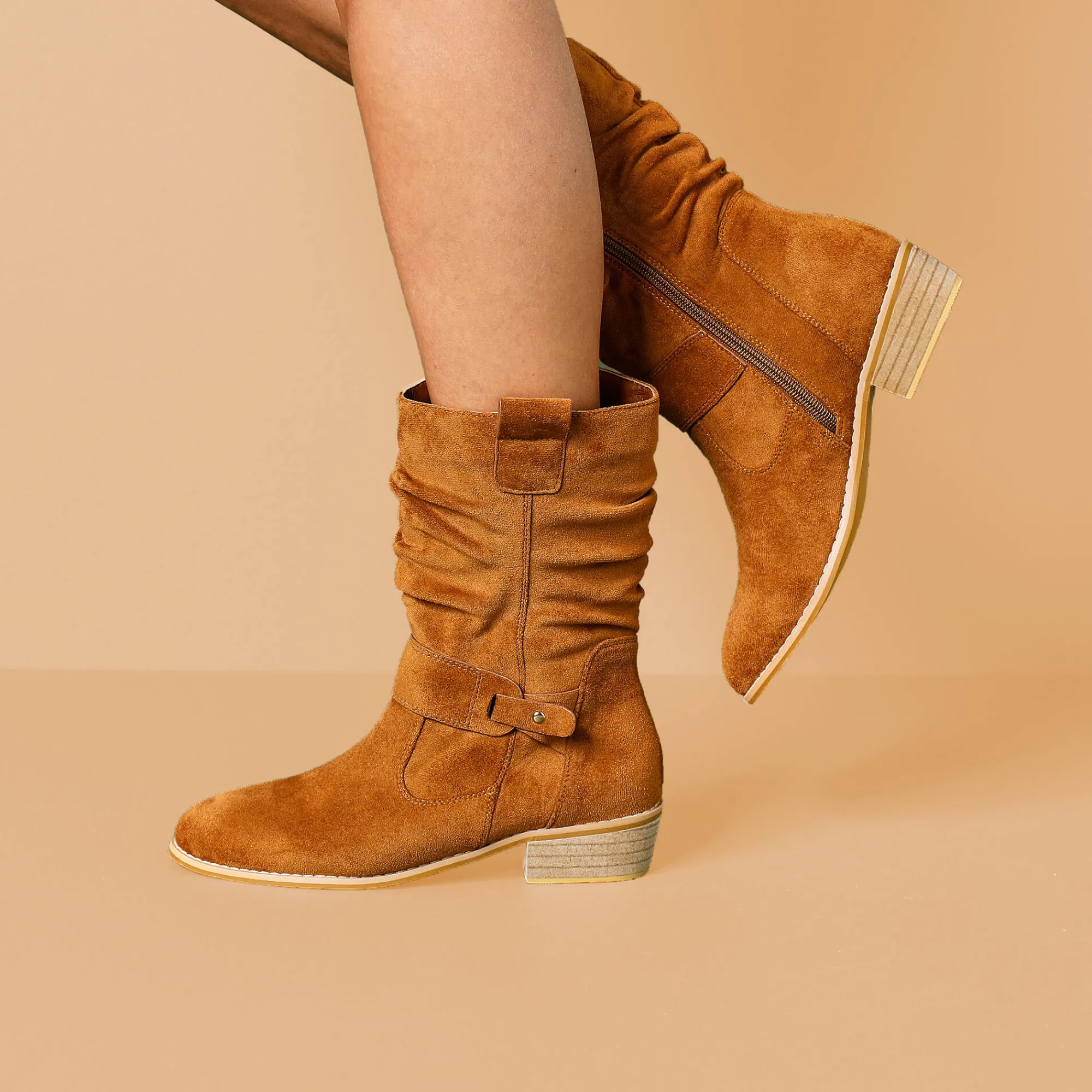 Laarzen|Schoenen<Blancheporte Halfhoge laarzen met plissé en hakje met houteffect karamel