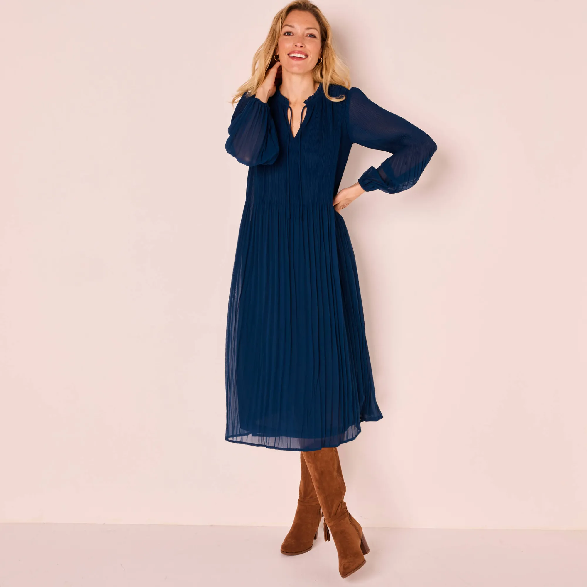 Feestoutfits Dames|Jurk<Blancheporte Halflange effen jurk, plissévoile nachtblauw