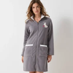 Peignoir En Kamerjas<Blancheporte Halflange kamerjas met rits, in fleece, 'konijn' borduursel grijs / ecru