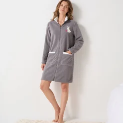 Peignoir En Kamerjas<Blancheporte Halflange kamerjas met rits, in fleece, 'konijn' borduursel grijs / ecru