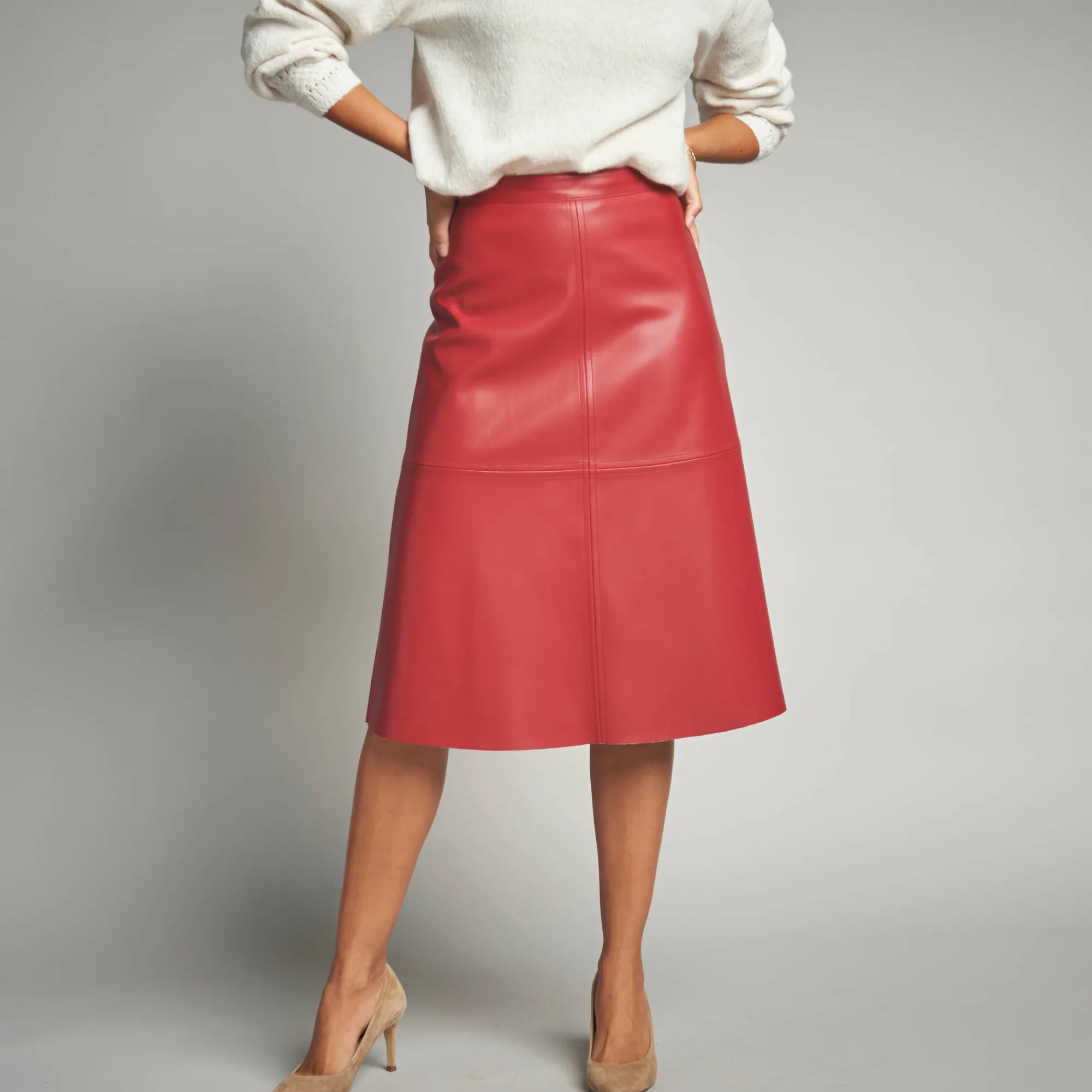 Rok<Lora Zellini Halflange, uitlopende rok, gecoat aspect bordeaux